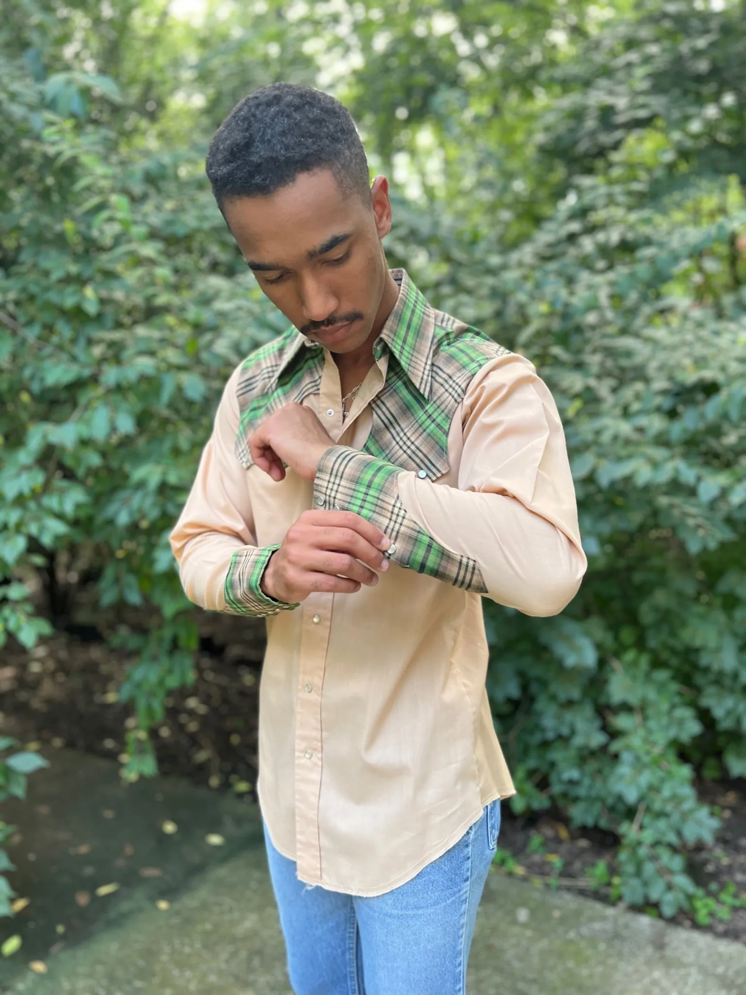 70s Tan Long Sleeve Western Shirt Plaid Yoke, Chute #1