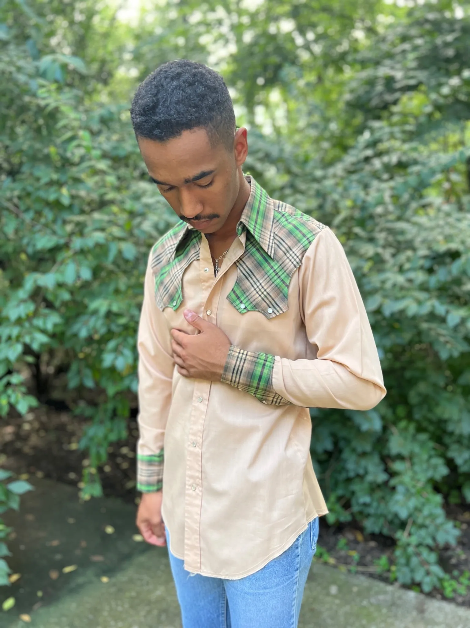 70s Tan Long Sleeve Western Shirt Plaid Yoke, Chute #1