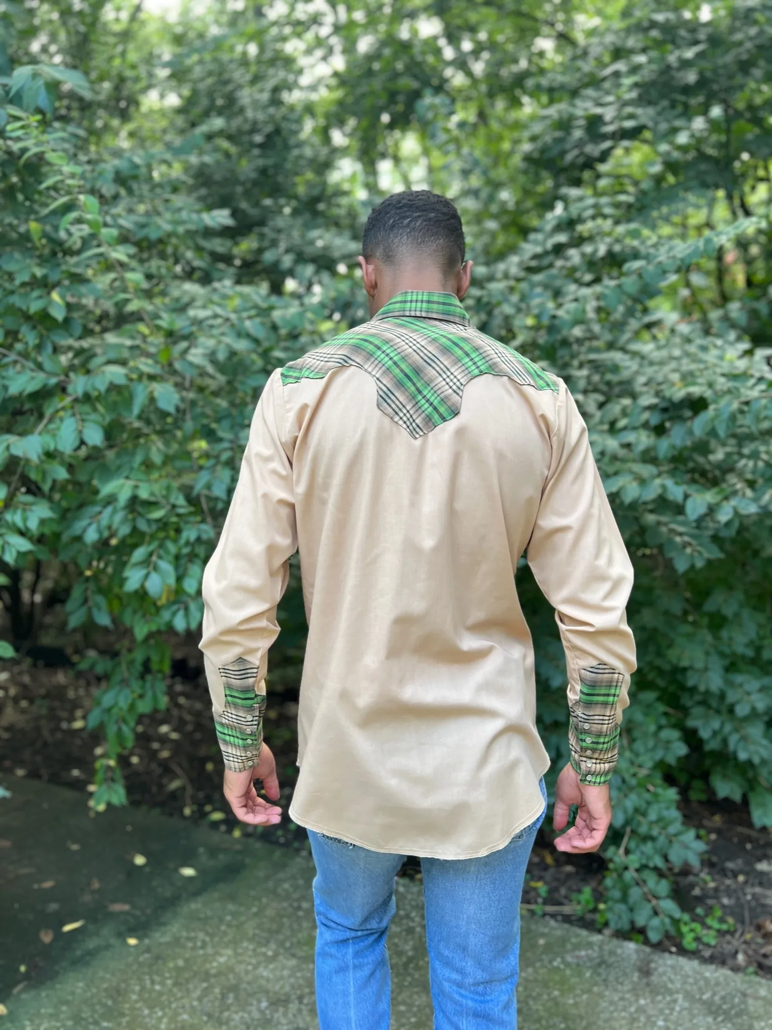 70s Tan Long Sleeve Western Shirt Plaid Yoke, Chute #1