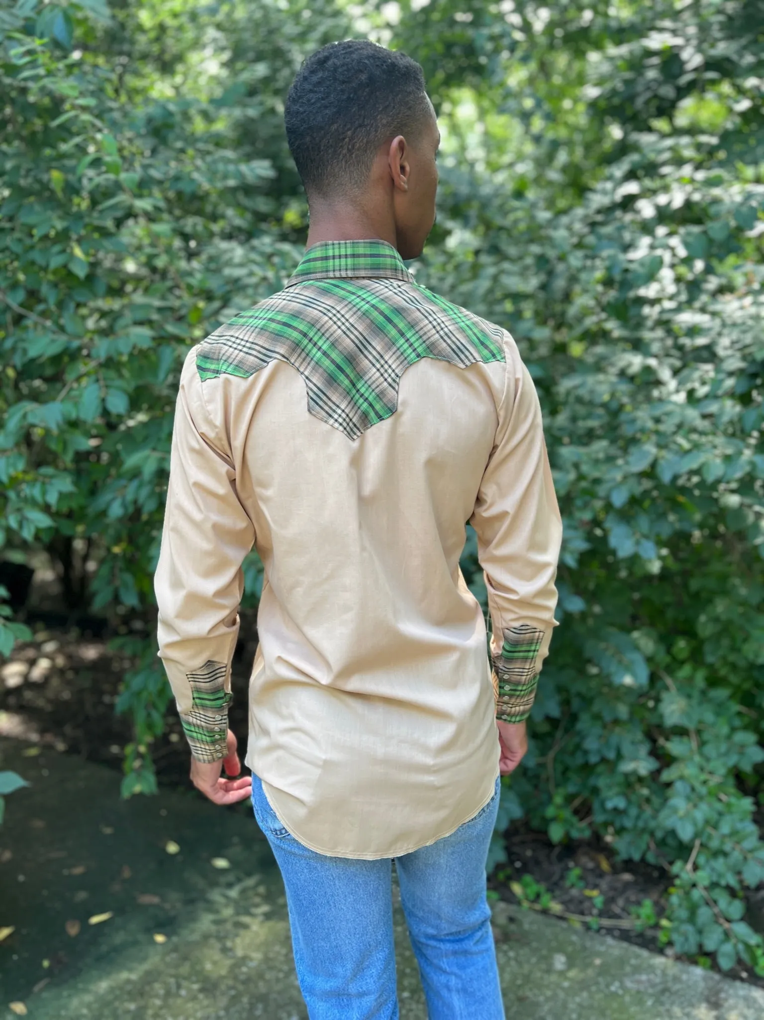 70s Tan Long Sleeve Western Shirt Plaid Yoke, Chute #1