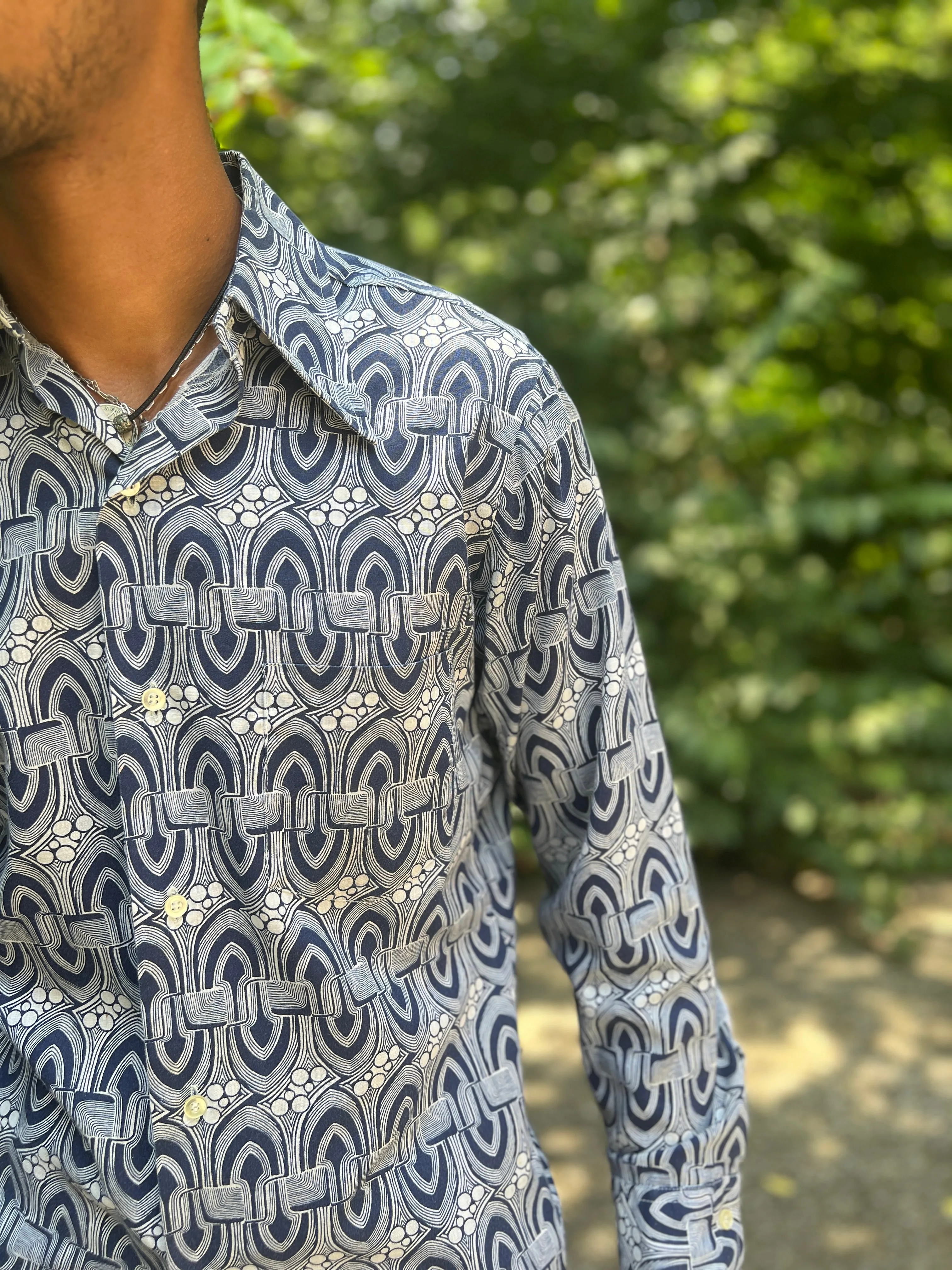 Men's 70s Blue White Cotton Disco Shirt by Montgomery Ward
