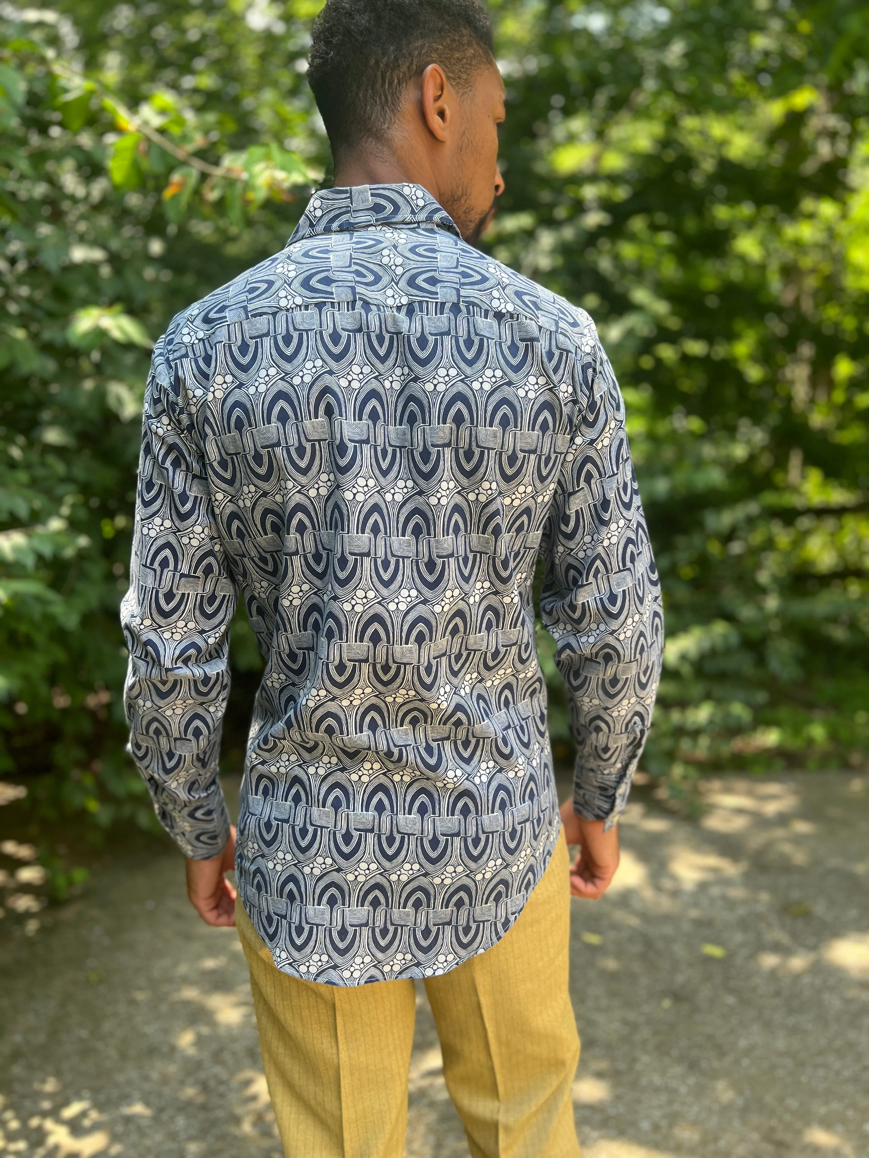 Men's 70s Blue White Cotton Disco Shirt by Montgomery Ward