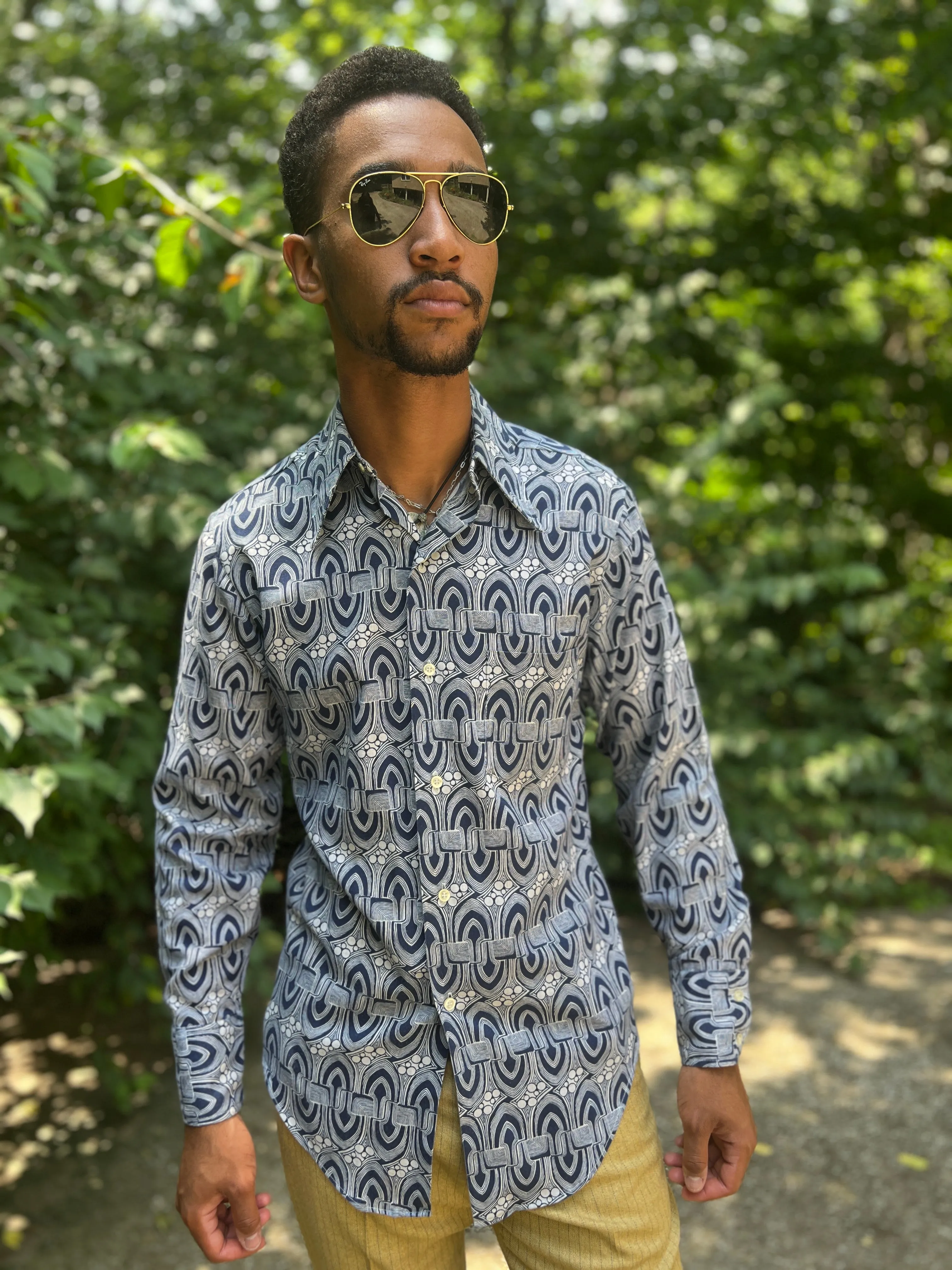 Men's 70s Blue White Cotton Disco Shirt by Montgomery Ward