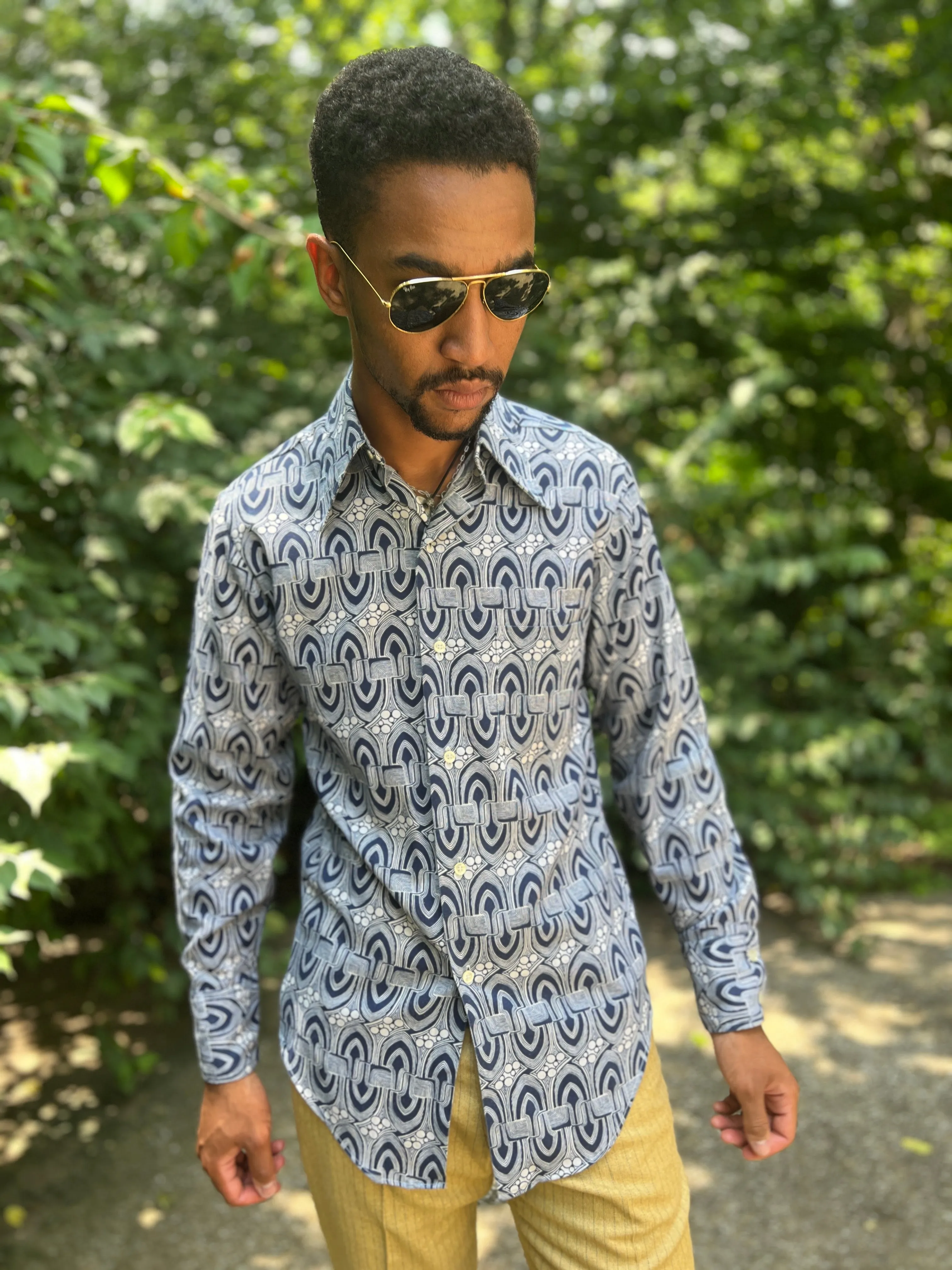 Men's 70s Blue White Cotton Disco Shirt by Montgomery Ward