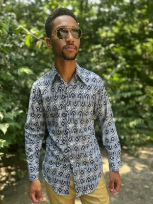Men's 70s Blue White Cotton Disco Shirt by Montgomery Ward