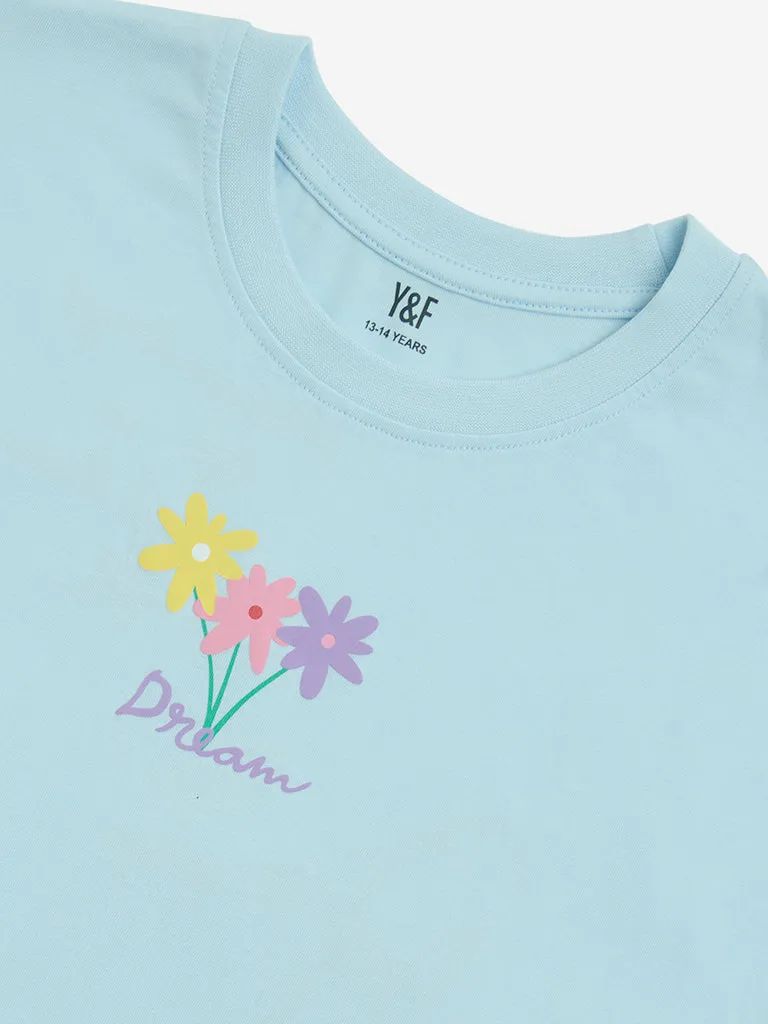 Y&F Kids Blue Floral Pattern Cotton Top